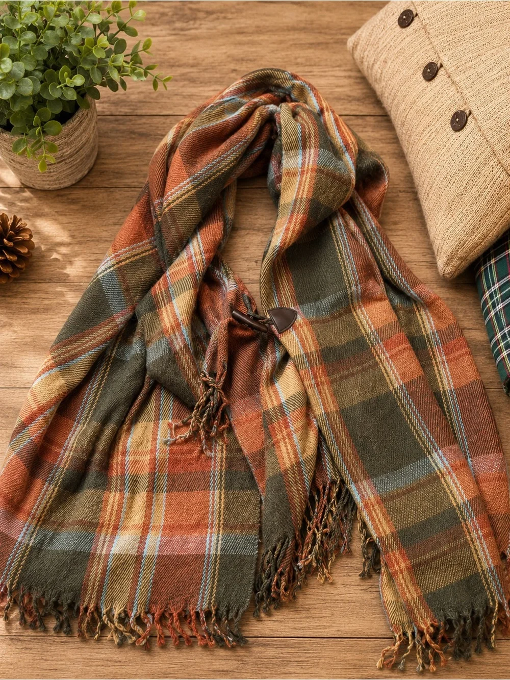 Plaid Fringe Scarf in Rust, Olive & Mustard